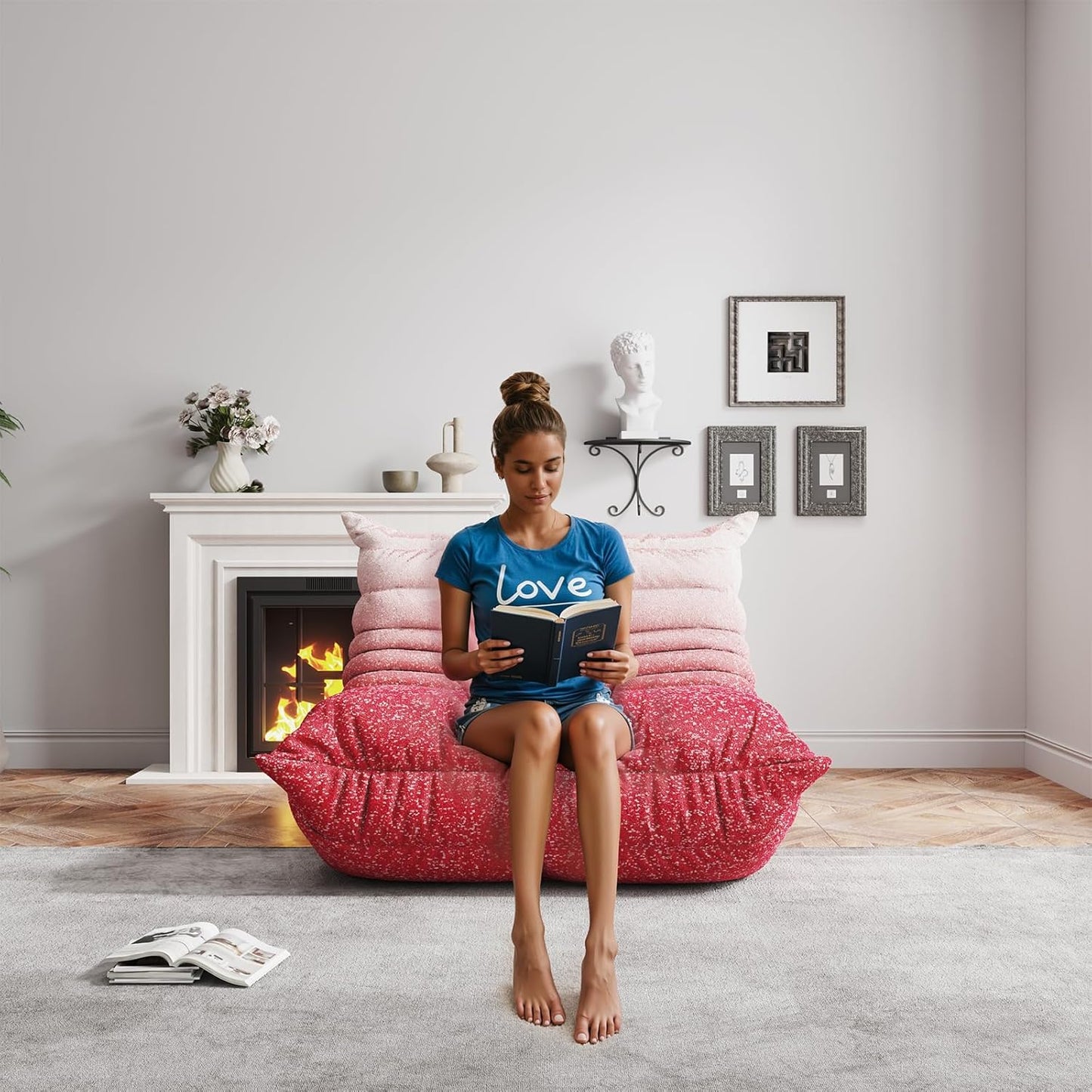 Bean Bag Chairs for Adults, BeanBag Reading Chair Memory Foam Couch, Floor Chair Soft Teddy Material, Comfy Reading Nook Chairs for Bedroom Living Room Office (Pink White)