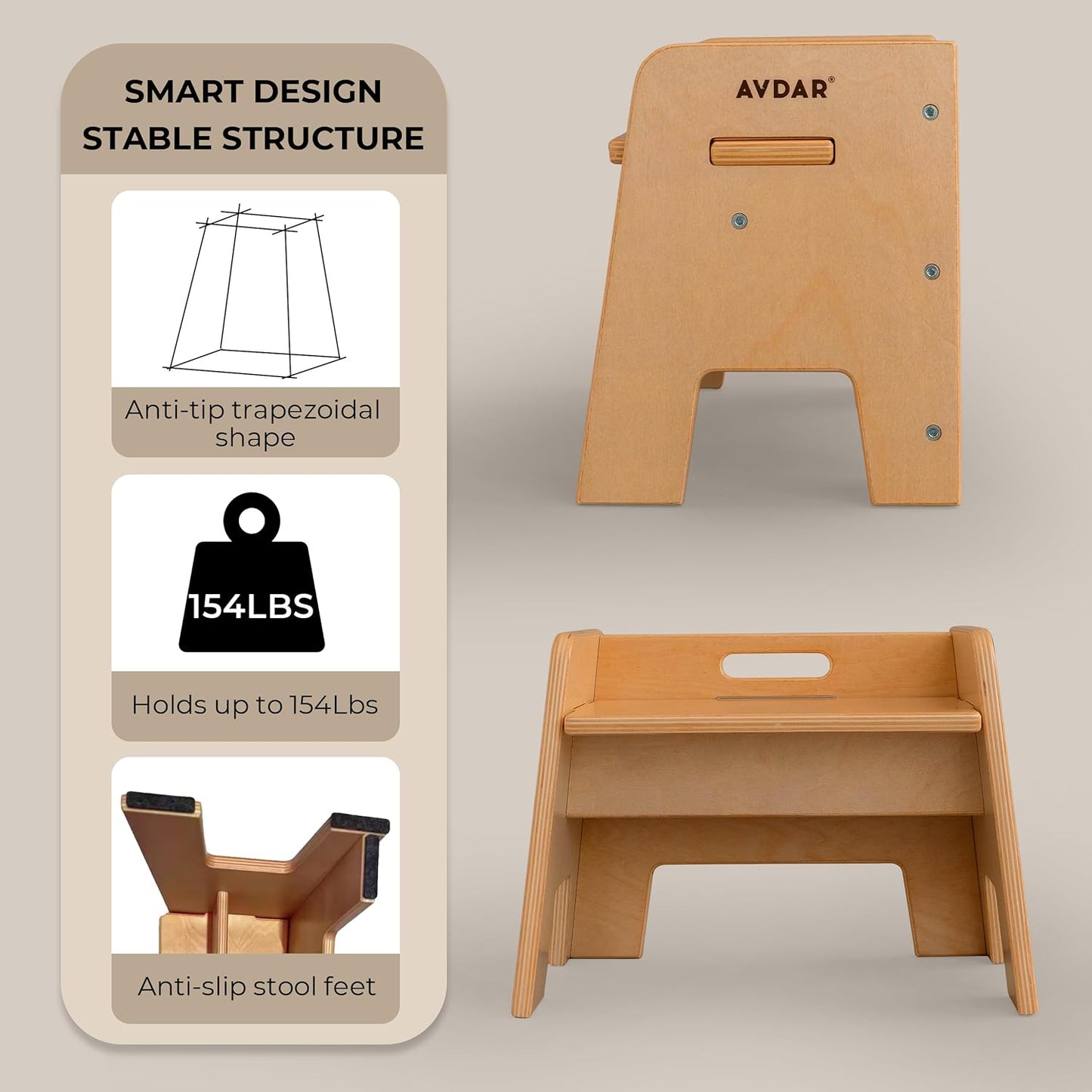 Wooden Step Stool for Kids, 14” One Step Stool for Toddlers, Heavy Duty Non-tip Non-Slip for Bedroom/Kitchen