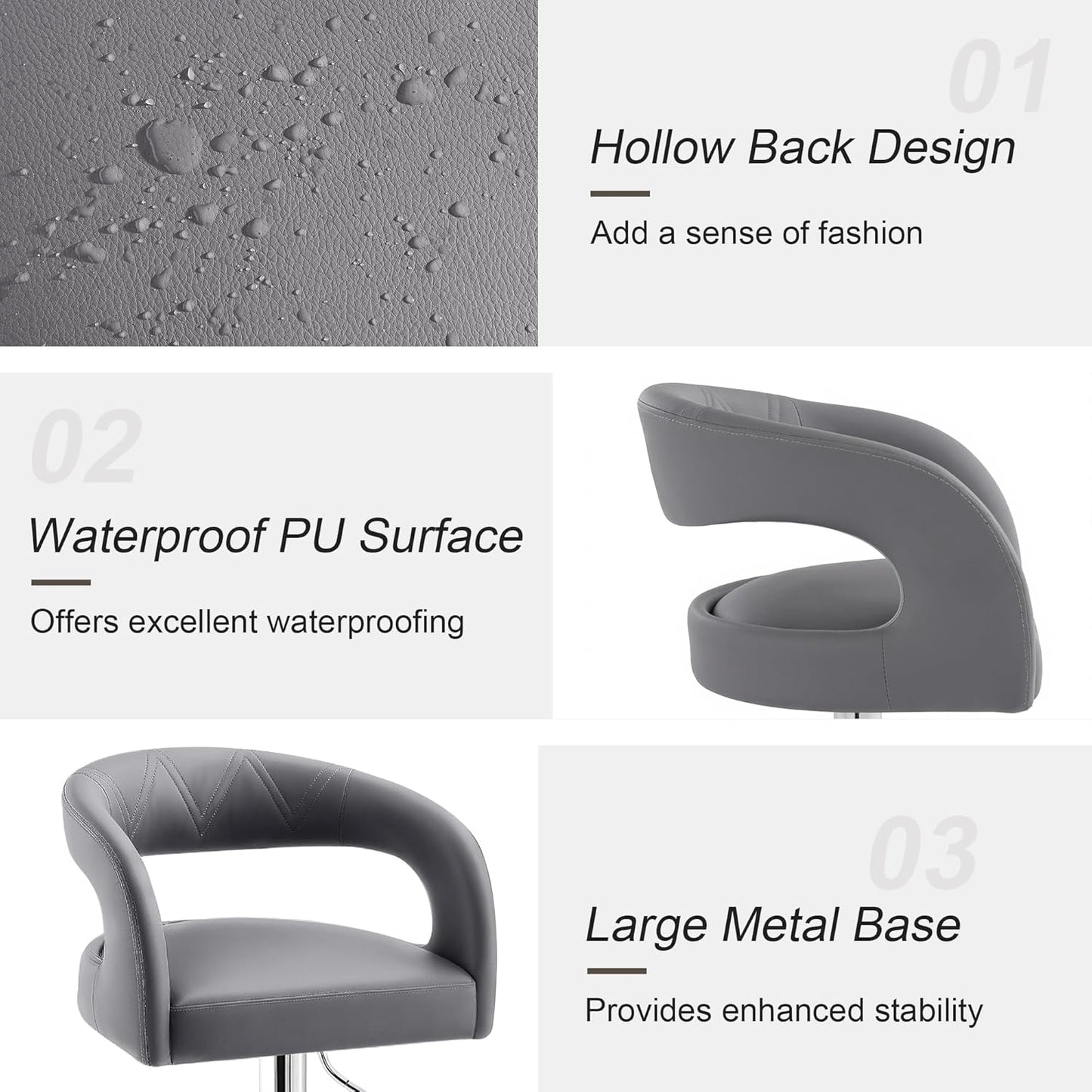 VECELO Bar Stools Set of 2 Adjustable Swivel Modern Pu Leather Barstools, Counter Bar Stools with Back and Arms, for Kitchen, Bar (Light Gry)