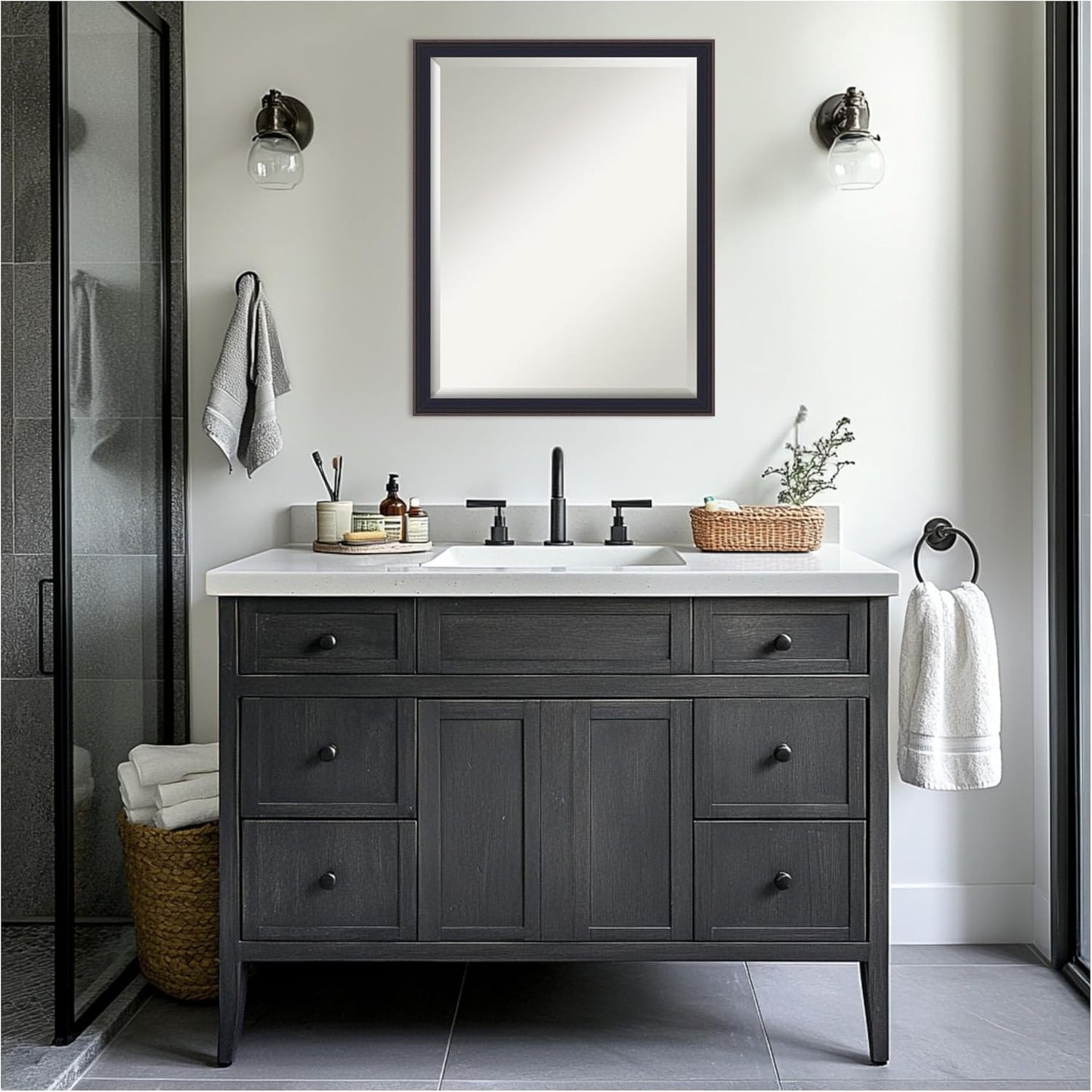 Amanti Art Black Bathroom Mirror for Over Sink, 25x31 Havana Black Bronze Rectangle Vanity Mirror, Large Casual Frame, Hangs Horizonally and Vertically, Bathroom Wall Decor, Beveled Edge