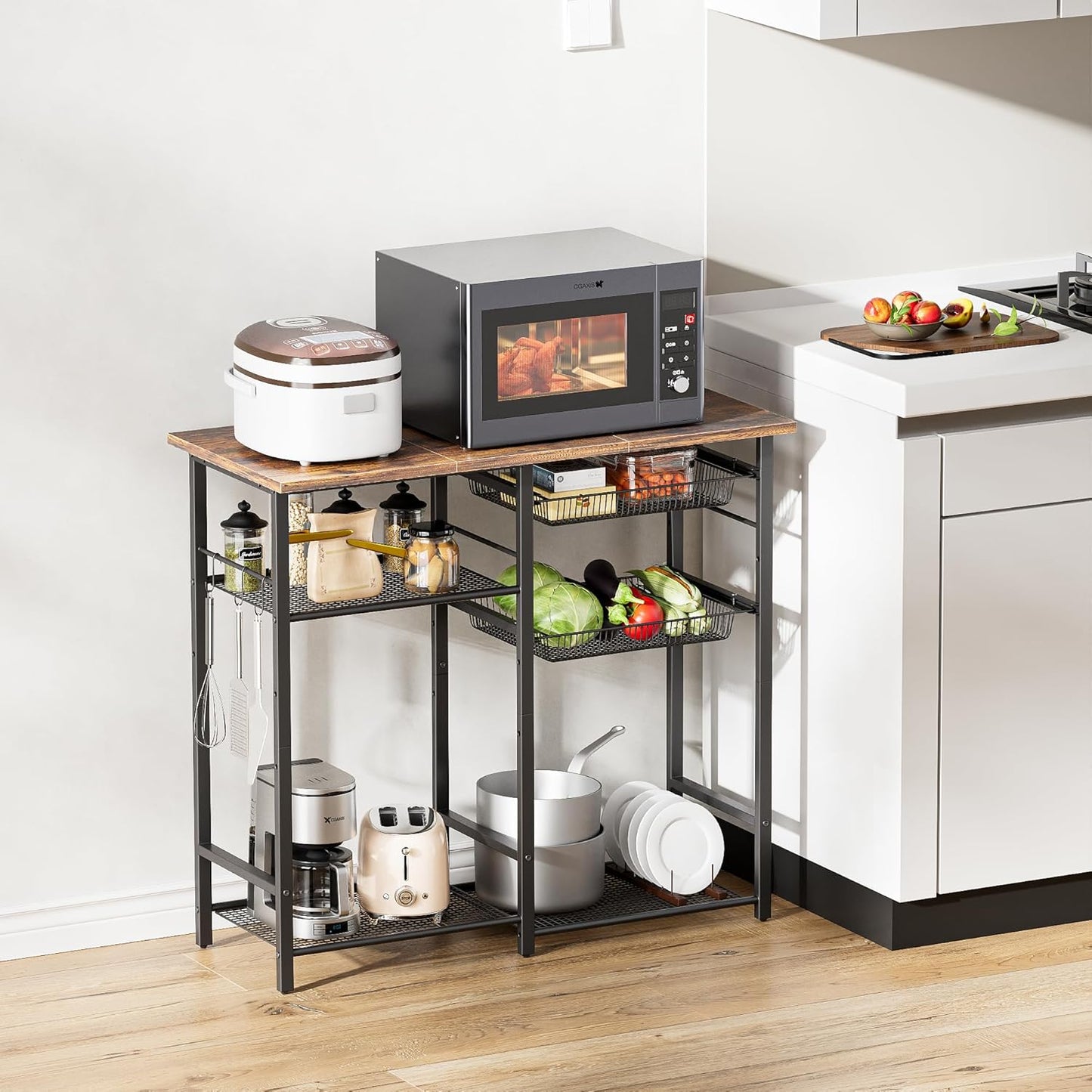 Kitchen Baker’s Rack, Microwave Stand with 2 Mesh Basket, Coffee Bar, 6 S-Shaped Hook, for Kitchen Storage Shelf, Living Room, Rustic Brown and Black