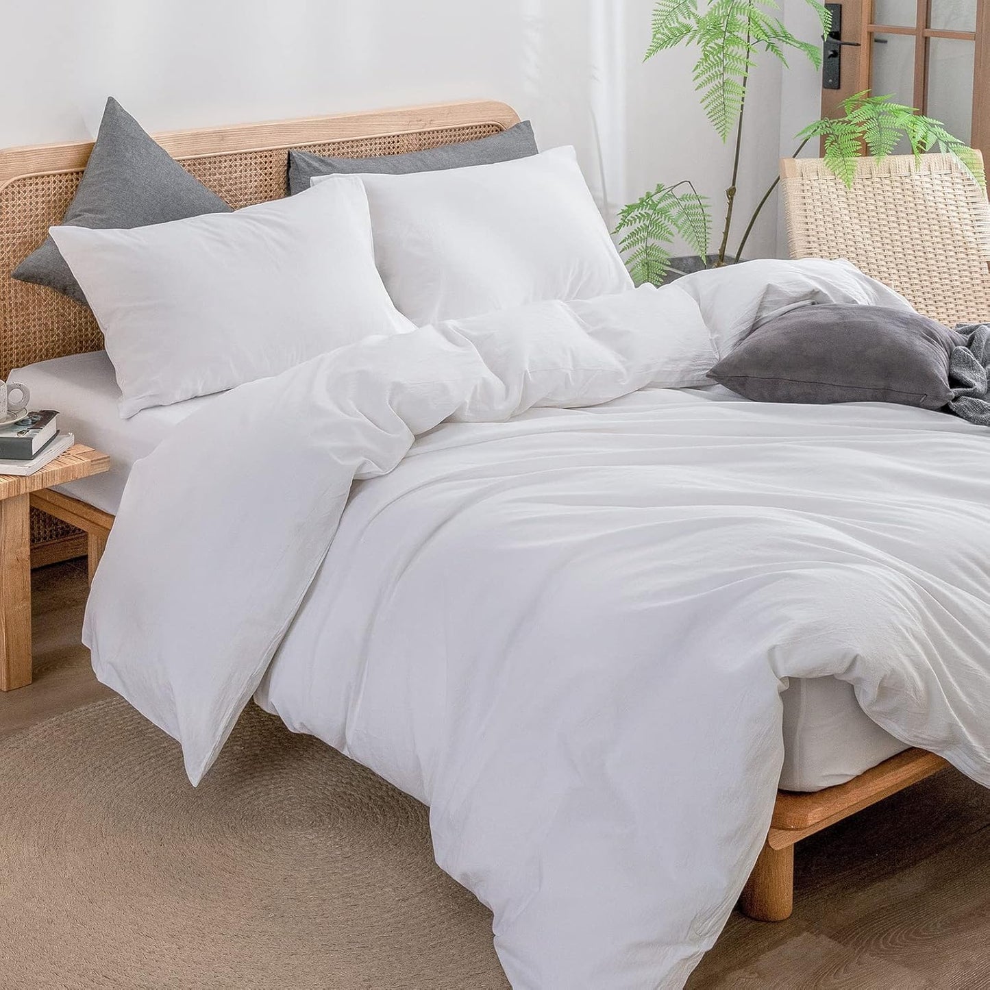 BESTOUCH Duvet Cover Set 100% Washed Cotton Linen Feel Super Soft Comfortable Chic Lightweight 3 PCs Home Bedding Set Solid Bright White Oversized Queen