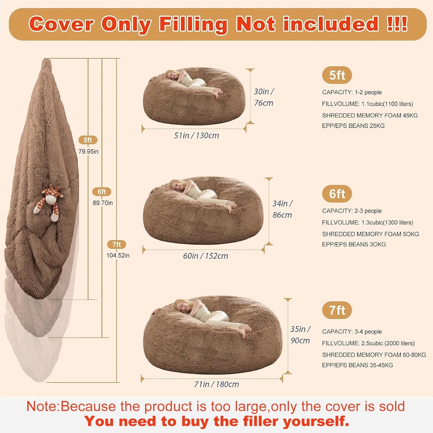 Big Bean Bag Cover Only, Washable Oversized Bean Bag Chairs Cover for Adults, Fluffy Plush Bean Bags Cover for Adults Teenagers without Filler Included, 7FT, Khaki