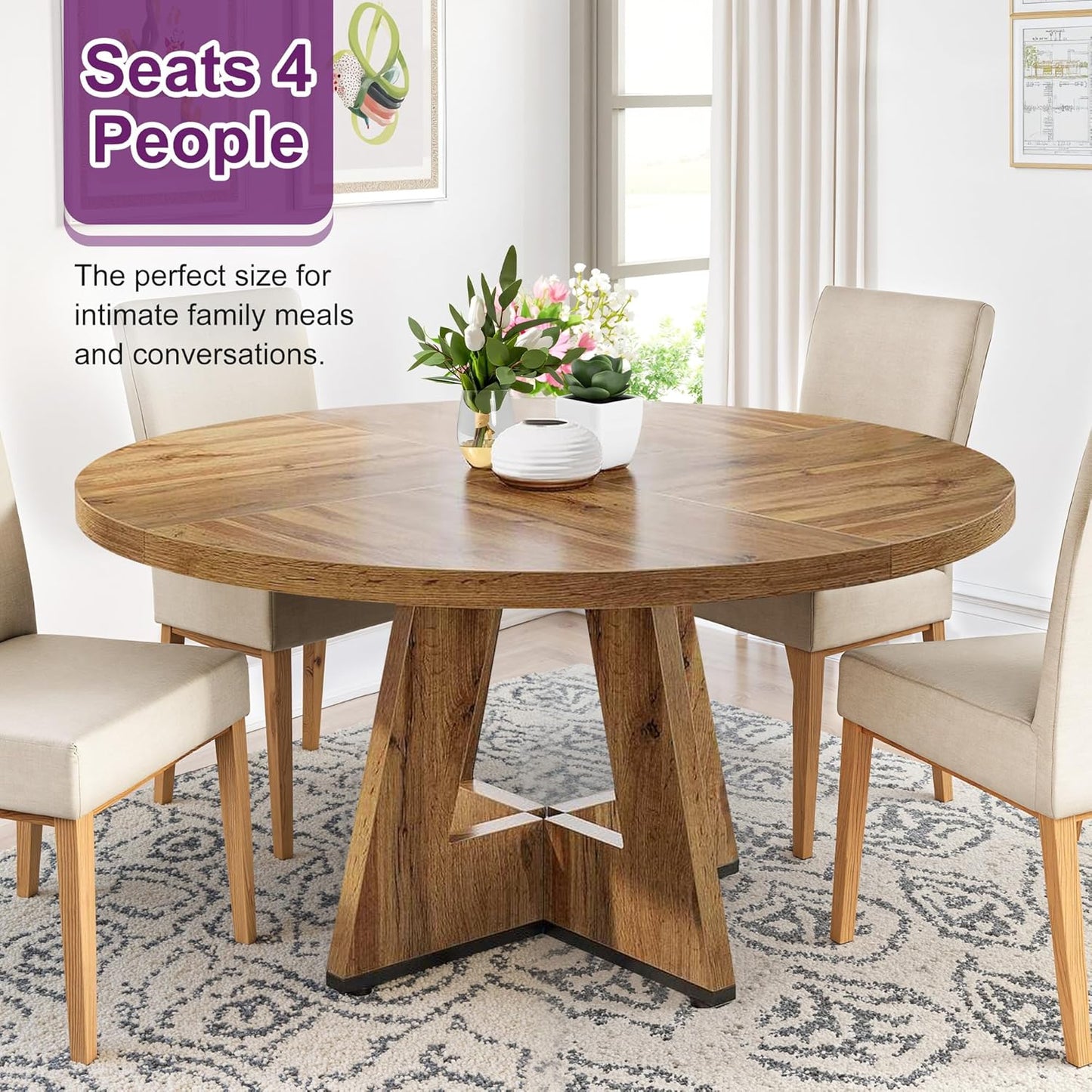 Round Dining Table for 4, 47" Wooden Kitchen Dinner Table Rustic, Farmhouse Table for Dining Room, Living Room, Light Oak Brown