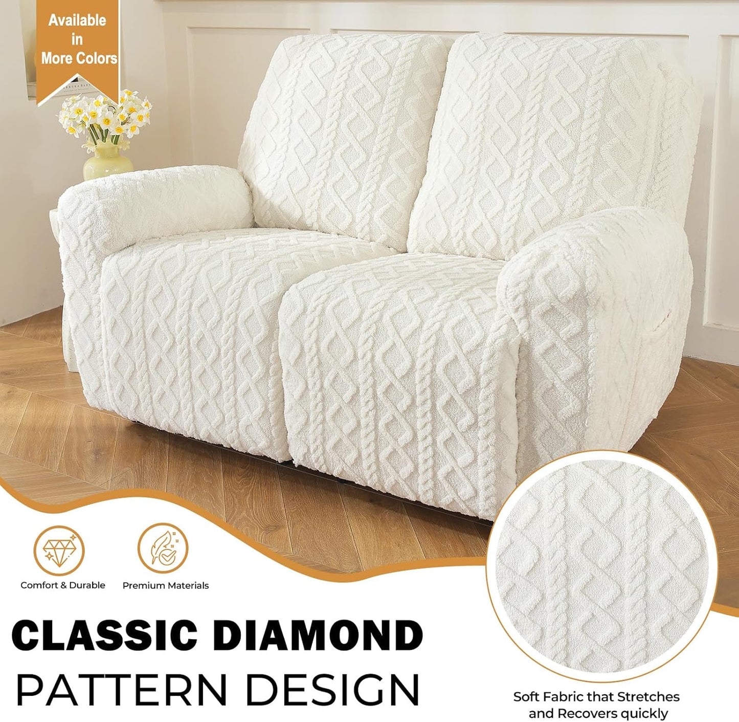 vctops 6 Pieces Geometric Jacquard Plush Recliner Loveseat Slipcovers Soft Fuzzy Fluffy Sofa Couch Cover Anti-Slip Furniture Protector with Elastic Bottom for Kids Cats Dogs(Cream,2 Seat)