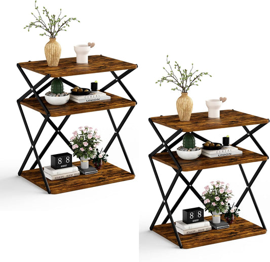 3-Tier End Table Set of 2 Small Side Table Tall Bedside Night Stand with Storage Sofa Side desks for Living Room Bedroom Office Bathroom Small Space Rustic Brown ET-04RB-2