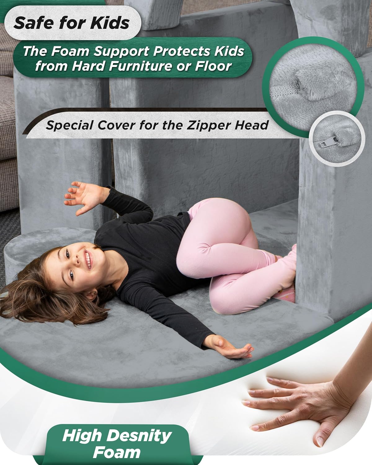 Lunix LX22 11pcs Modular Kids Play Couch, Child Sectional Sofa, Fortplay Bedroom and Playroom Furniture for Toddlers, Convertible Foam and Floor Cushion for Boys and Girls, Gray