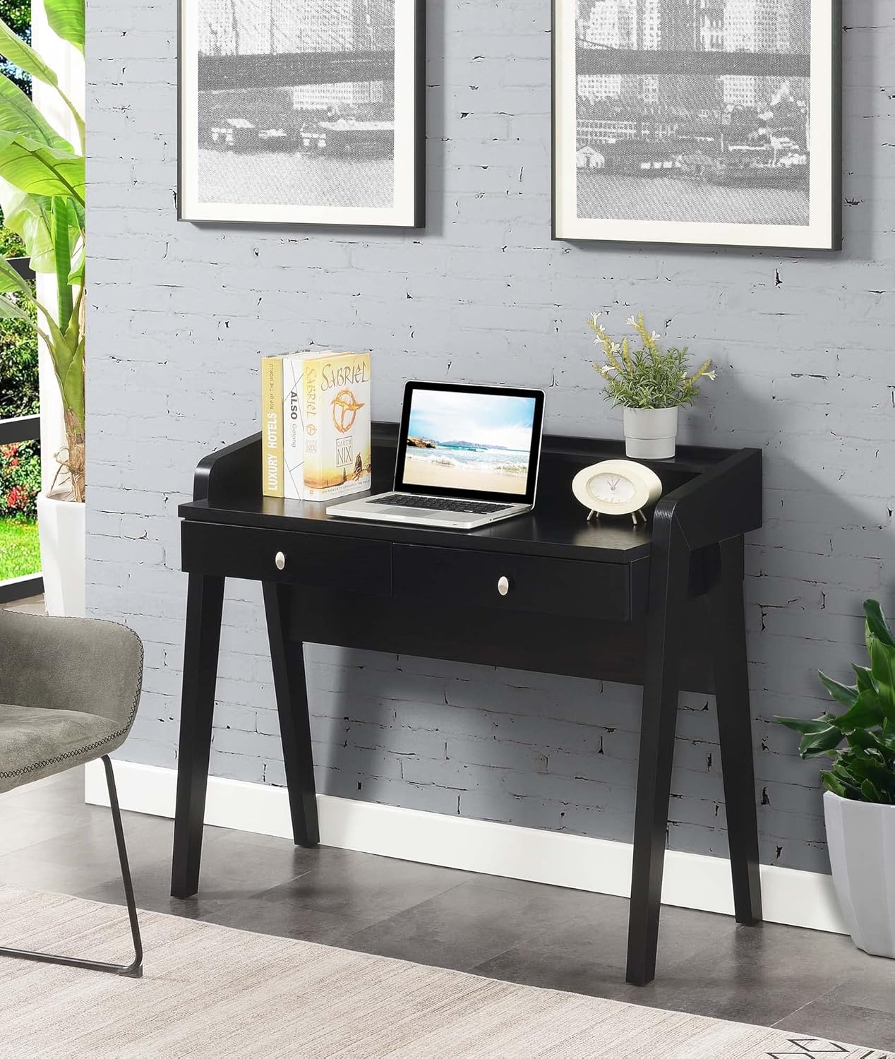 Convenience Concepts Newport Deluxe 2 Drawer Desk with Shelf, Black