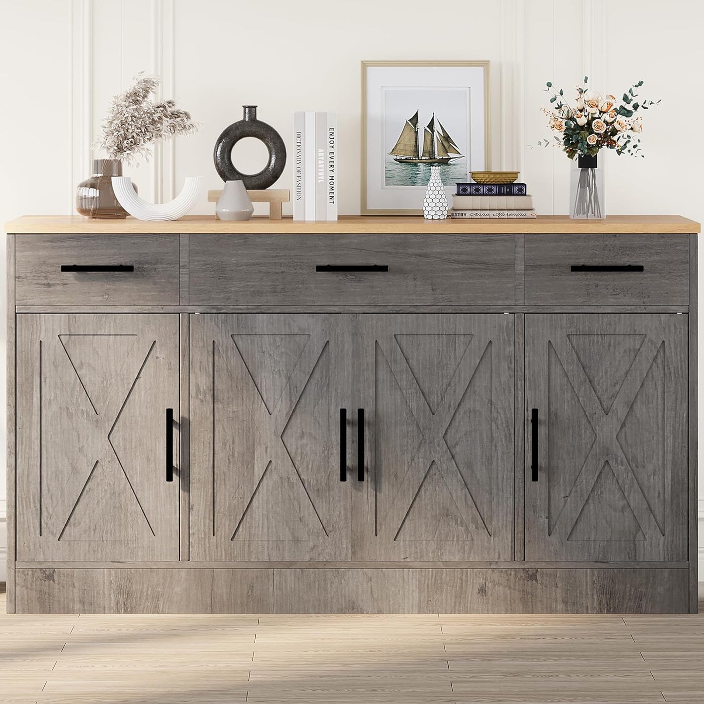 Shintenchi Sideboard Buffet Cabinet with Storage,53.4" Large Kitchen Buffet Storage Cabinet with 3 Drawers and 4 Doors,Wood Farmhouse Sideboard with Adjustable Shelf for Kitchen, Living Room,Grey