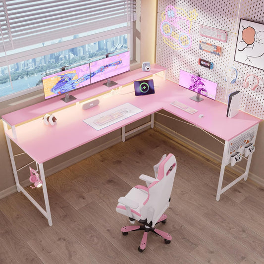 Pamray 64 Inch L Shaped Gaming Desk with Power Outlets and Led Lights, Large Corner Computer Desk with Monitor Stand and Pegboard, PC Table for Home Office and Bedroom Pink