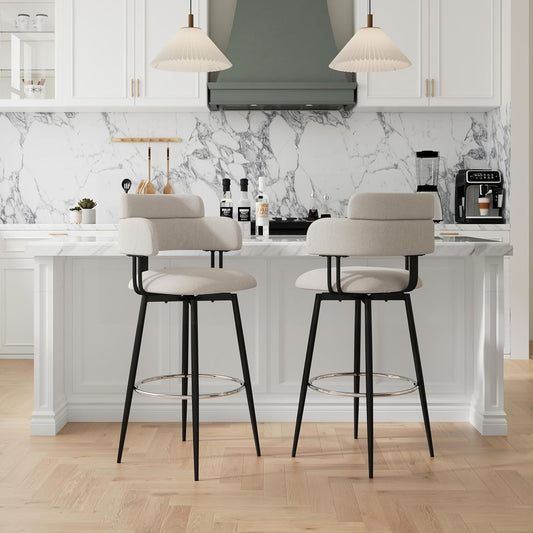 Swivel Bar Stools Set of 2, Counter Height Bar Stools with Ergonomic Full Back, Upholstered Linen Fabric Barstools with Chrome Metal Footrest for Kitchen Island, Dining Room