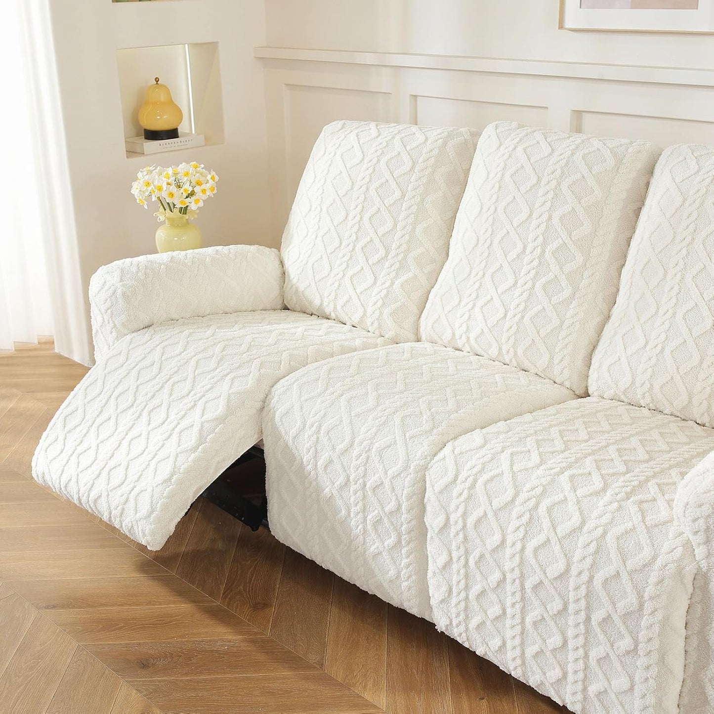 vctops 8 Pieces Geometric Jacquard Plush Recliner Sofa Covers Soft Fuzzy Fluffy 3 Seats Couch Cover Anti-Slip Sofa Slipcover Furniture Protector with Elastic Bottom for Kids Pet(Cream,3 Seat)