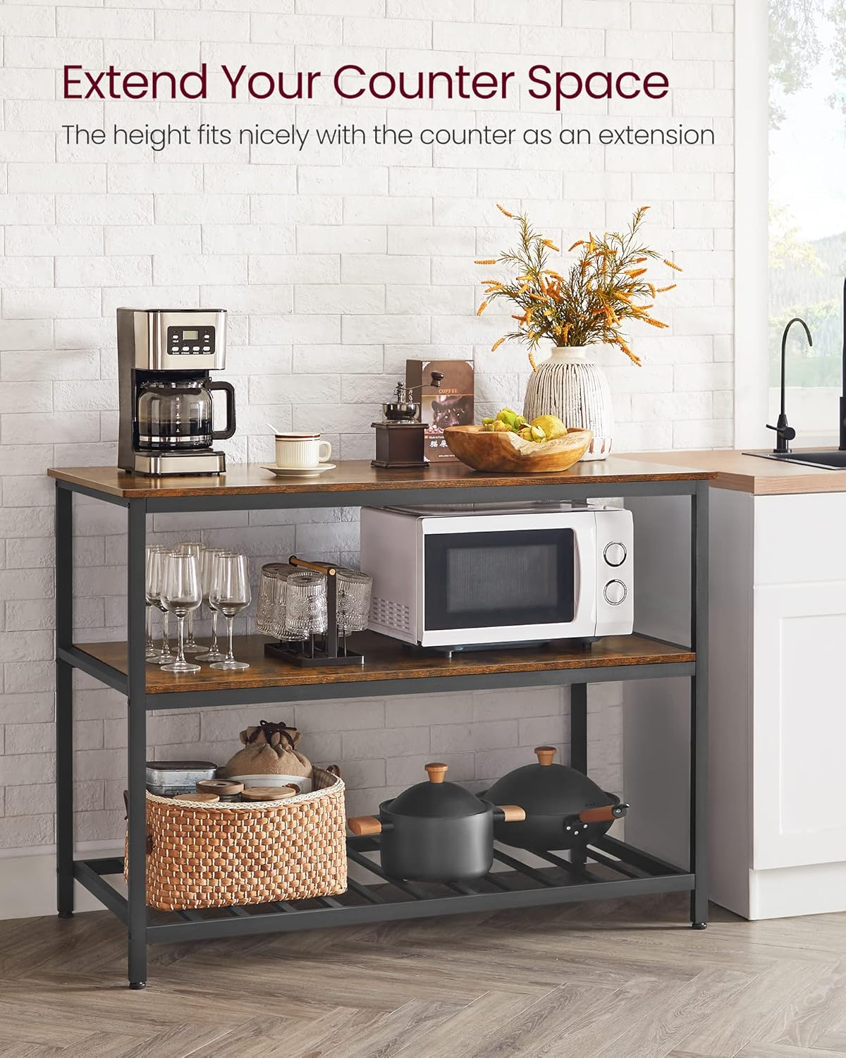 VASAGLE Kitchen Island with 3 Shelves, 47.2 Inches Width Kitchen Shelf with Large Worktop, Stable Steel Structure, Industrial, Easy to Assemble, Rustic Brown and Black UKKI01BX