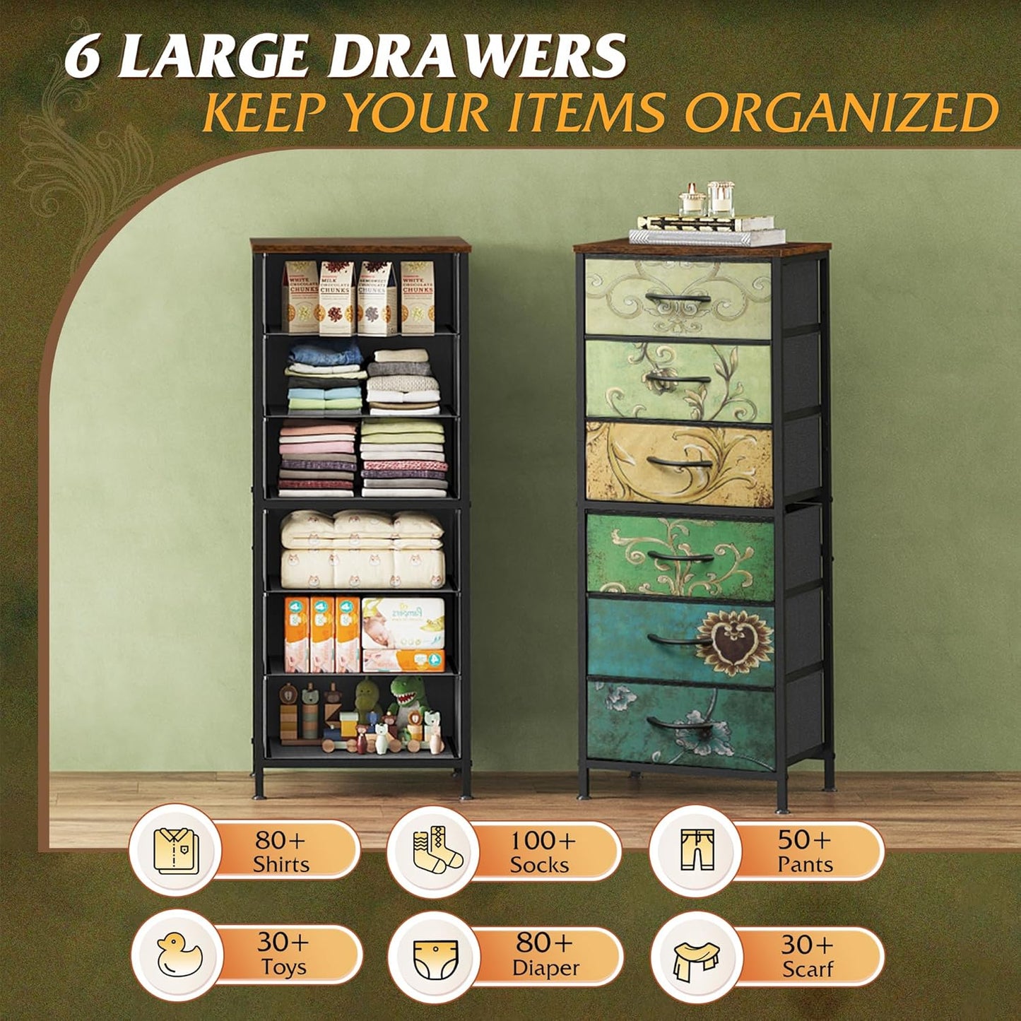 WLIVE Tall Dresser for Bedroom, 6 Drawer Dressers & Chests of Drawers, Fabric Dresser for Closet, Living Room, Night Stand with Metal Frame, Storage Tower with Fabric Bins, Wood Top, Floral Painted