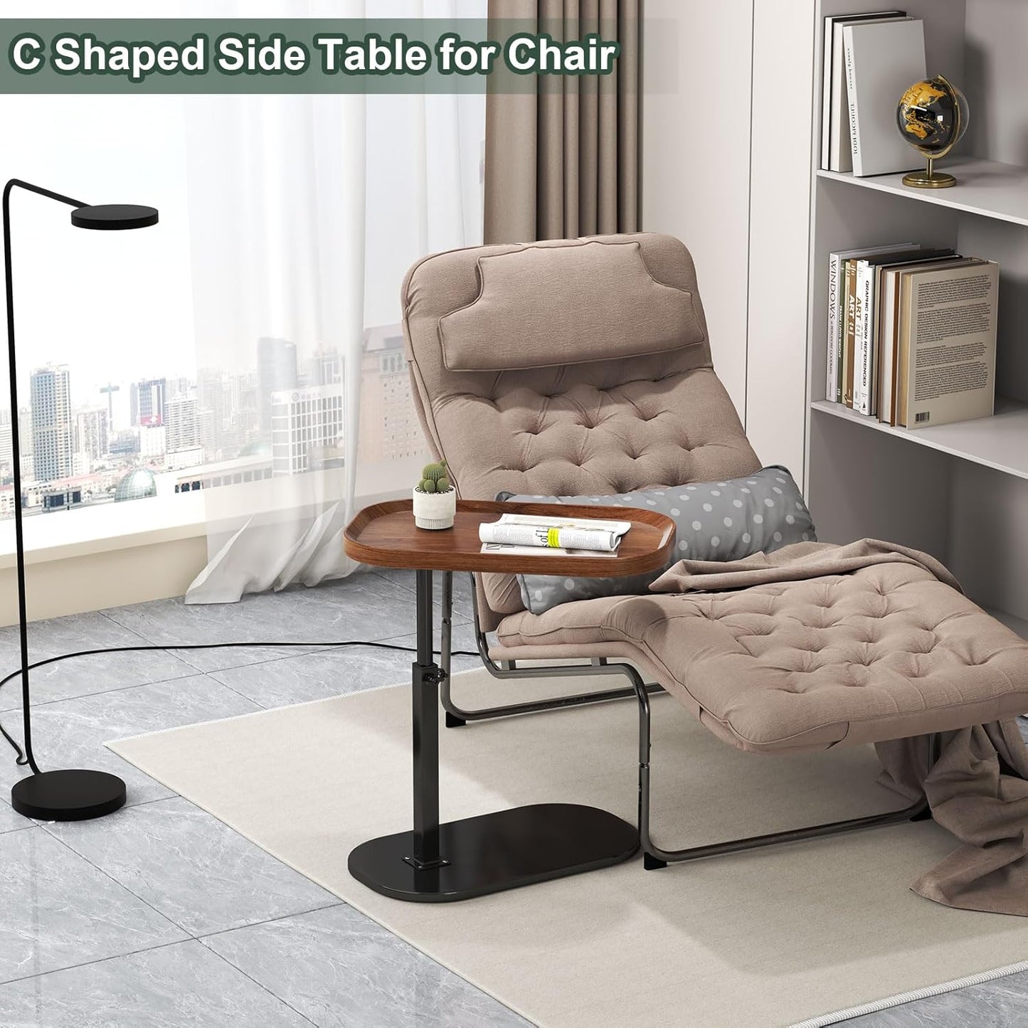 C Shaped Side Table Adjustable Height, 360°Swivel C Shaped End Table, Couch Side Tables That Slide Under, Small Coffee C Table End Table for Sofa/Bed/Bathtub, Rotating Elevate Tabletop (black)