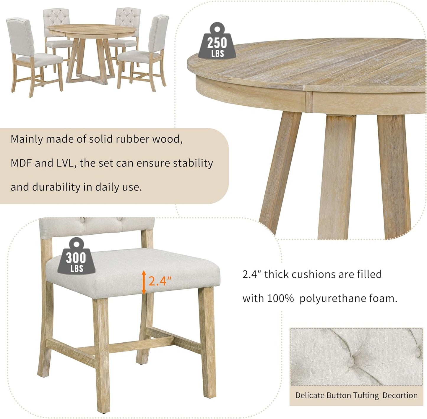 5 Pieces Dining Table Set with 42" Table,Living Room Furniture W/ 4 Upholstered Chairs,Tabletop Can be Adjusted from Round to Oval in Shape,for Restaurant,Home Bistro,Natural