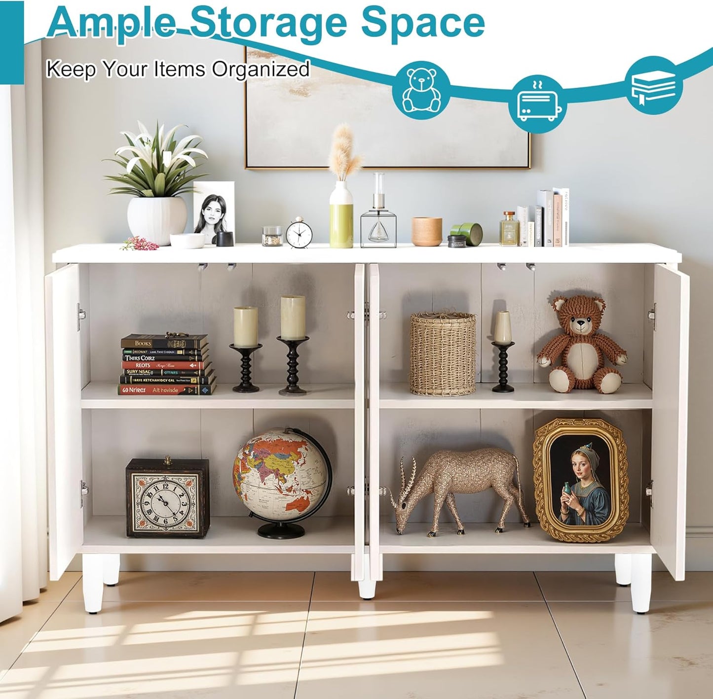 59.4" Sideboard Buffet Cabinet with Storage, Kitchen Buffet Storage Cabinet with Doors & Shelves, Modern Sideboard for Living Room, Kitchen, Hallway, White