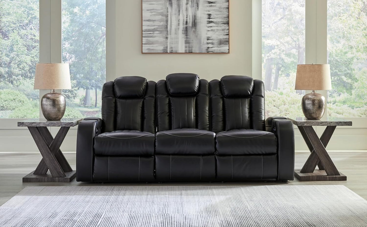 Signature Design by Ashley Caveman Den Modern Faux Leather Power Reclining Sofa with Adjustable Headrest, Drop Down Table, Electrical Outlets and LED Reading Lights, Black