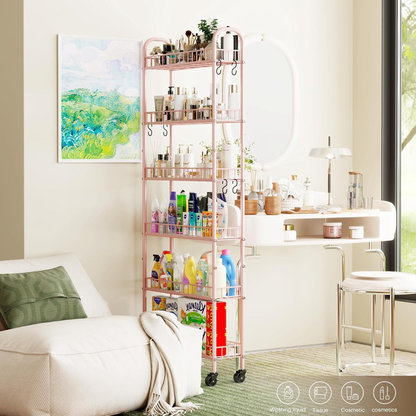 6-Tier Slim Storage Cart, Rolling Kitchen Cart with Wheels, Narrow Metal Shelf Organizer with Hooks for Kitchen, Bathroom, Living Room, Laundry, Small Spaces (Pink, 6 in)