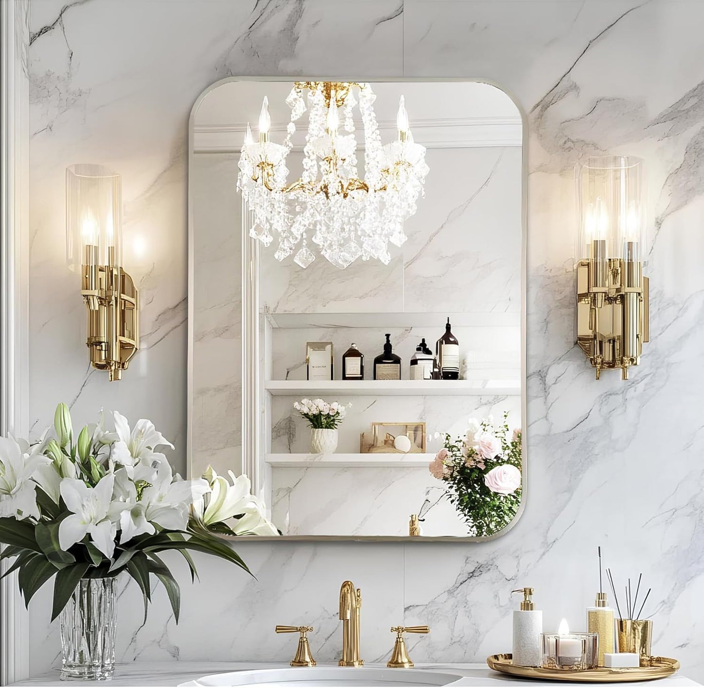 MZON 24x36Inch Brushed Nickel Bathroom Mirror, Rectangle Wall Mounted Mirror for Bathroom or Living Room, Anti-Rust Frame & Tempered Glass, Horizontal/Vertical Mount - Timeless&Elegance Wall Decor