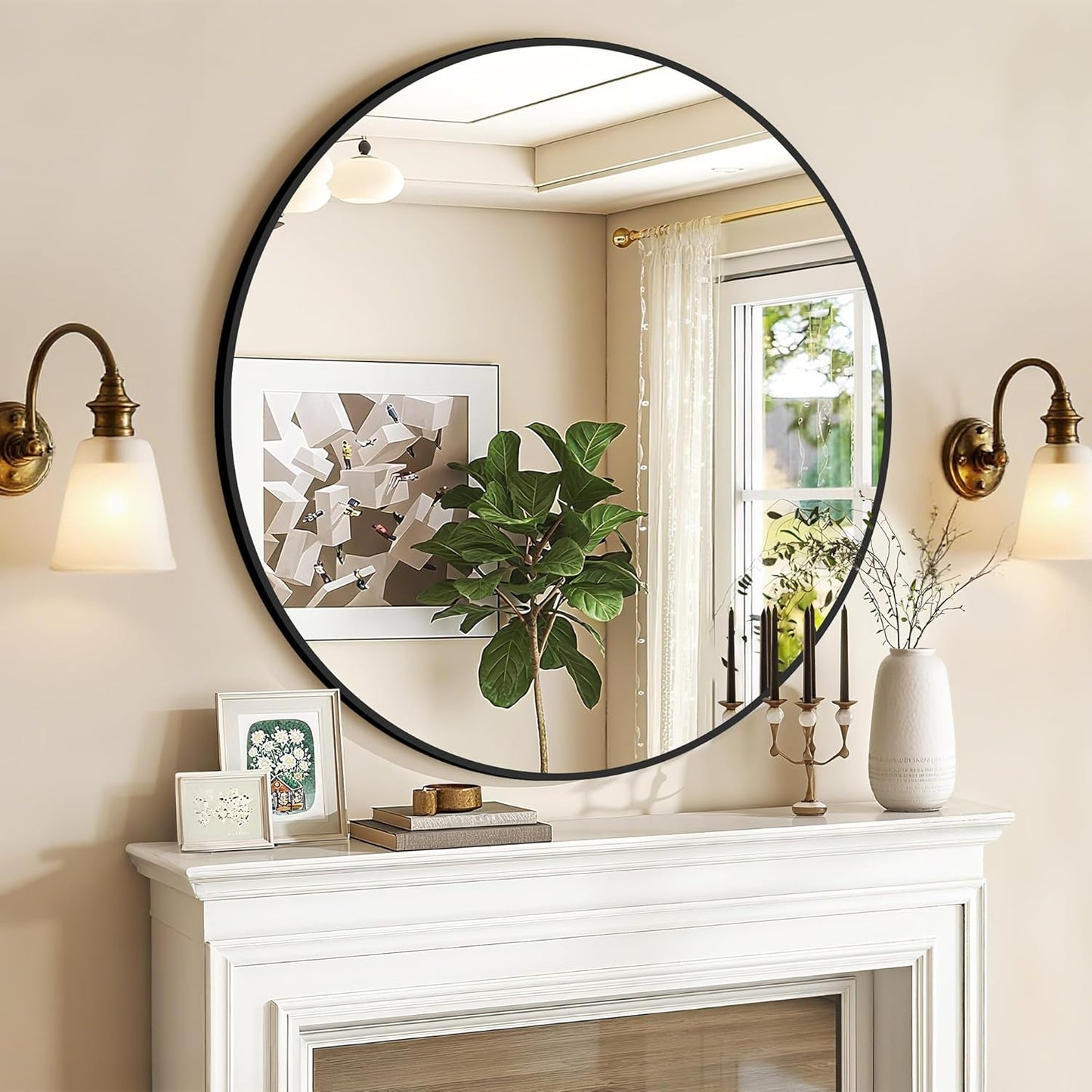 30 Inch Black Round Wall Mirror, Circle Bathroom Mirror with Brushed Metal Frame, Anti-Rust Tempered Glass Vanity Mirror for Bedroom, Entryway, Living Room Farmhouse Decor