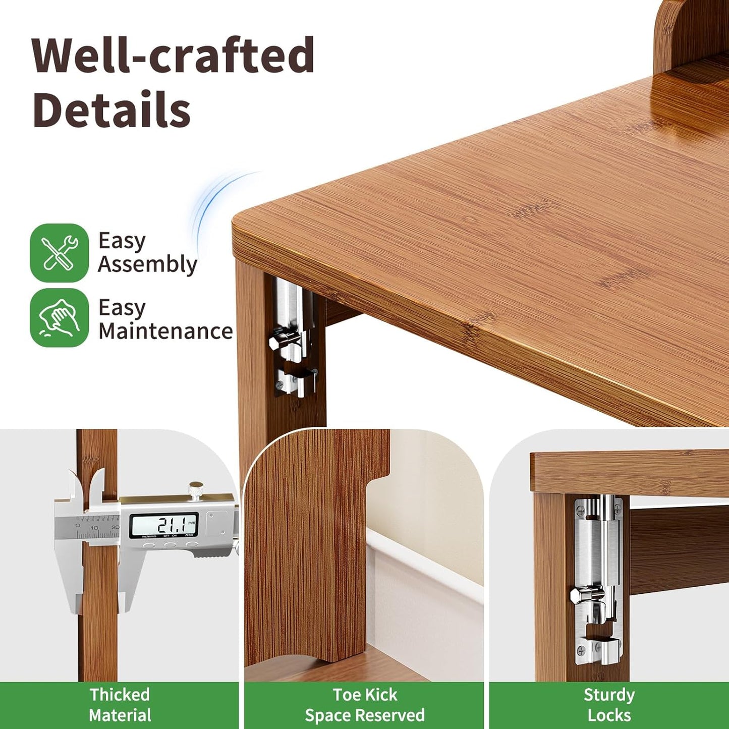 Bamboo Folding Desk with Storage Rack Mid Century Modern Desk for Home Office Bedroom Small Spaces, Brown