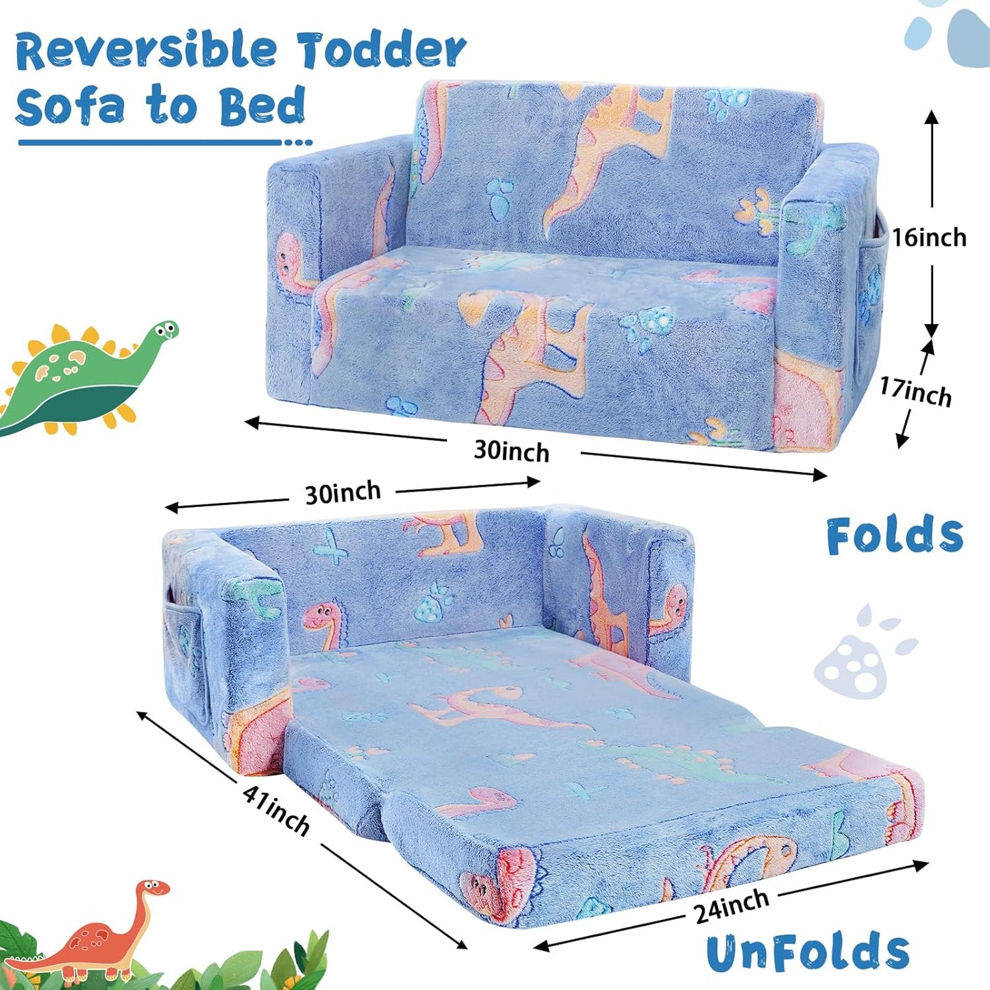 Toddler Couch,Toddler Chair,Extra Wider Seating,2-in-1 Baby Seat Furniture Fold Out, Convertible Sofa to Lounger Comfy Glow in The Dark Sofa Bed,Gifts for Kids Girl Boys,Dinosaur,Large