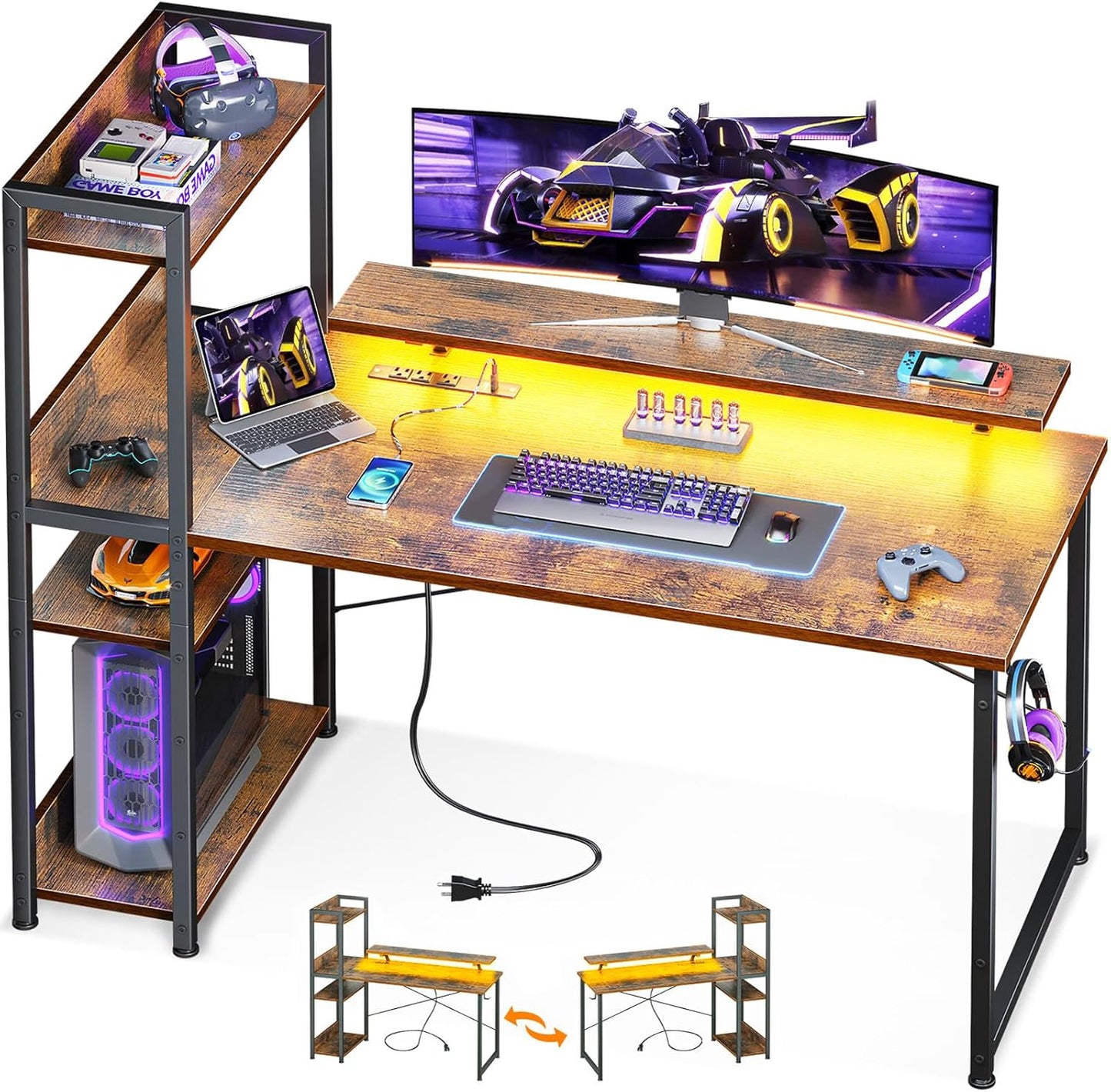 ODK Reversible Gaming Desk with Power Outlets and LED Lights, 48 Inch Computer Desk with Storage Shelves and Monitor Stand, Modern Writing Study Desk for Home Office, Rustic Brown