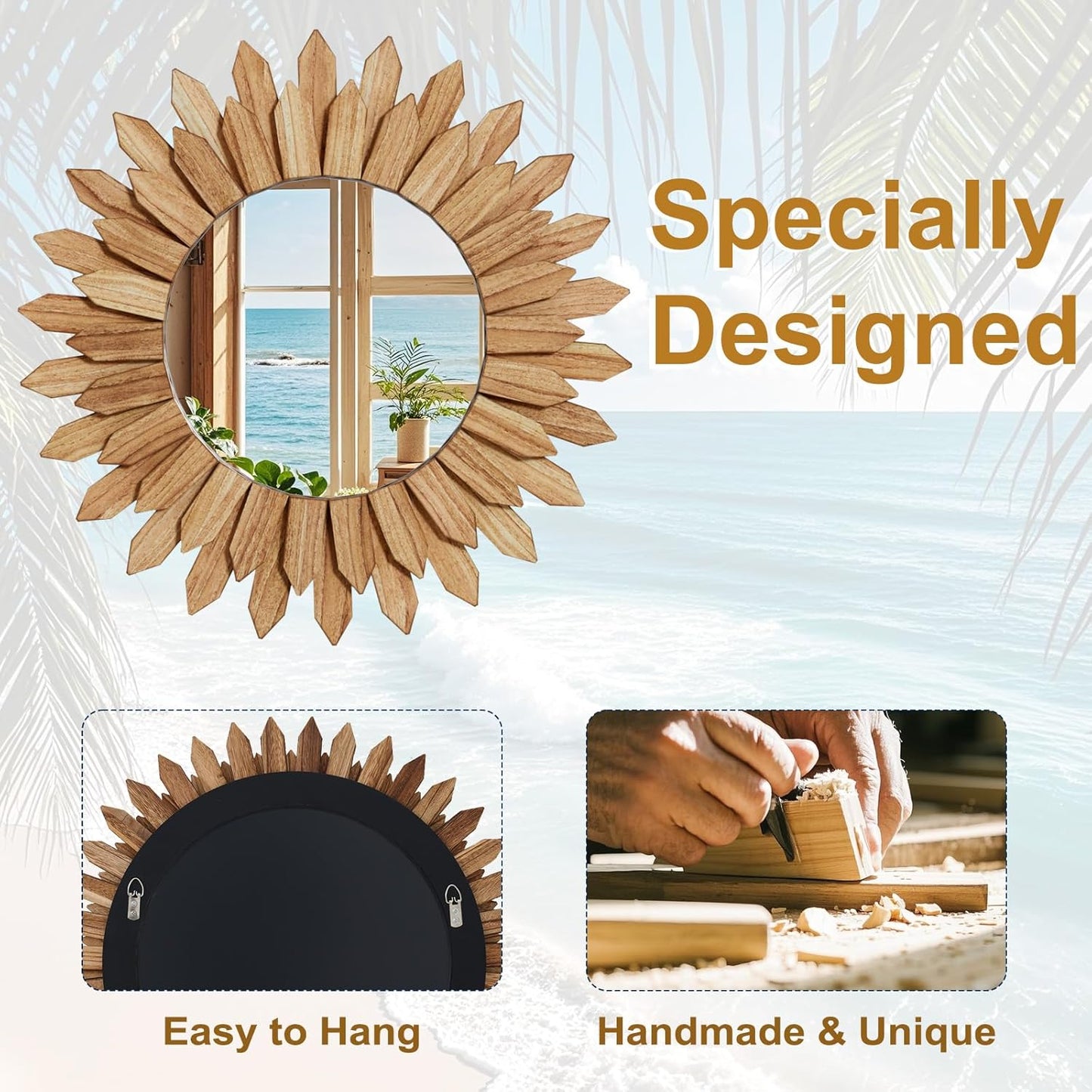 20 Inch Brown Boho Wall Decor Sunburst Mirror - Round Wooden Wall Decor, Handmade Rustic Circular Mirror for Living Room, Bedroom, Entryway, Office