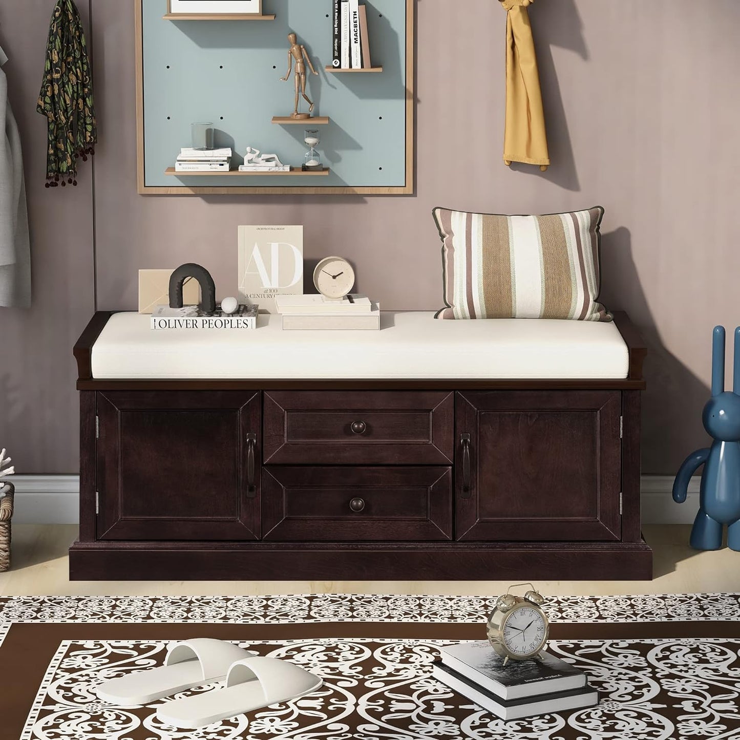 42″ Storage Bench with 2 Drawers and 2 Cabinets，Multipurpose Entryway Shoe Rack W/Removable Cushion，for Living Room Hallway Porch,Espresso