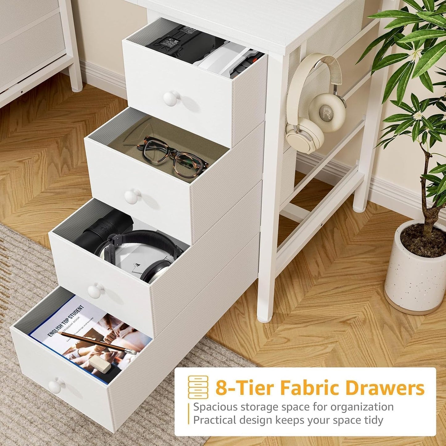 White Computer Desk with Drawers on Both Sides for Home Office, 55 inch Girls Teens Desks with Storage Writing Study Table for Bedroom, Makeup Vanity Desks Without Mirror,8 Fabric Drawer