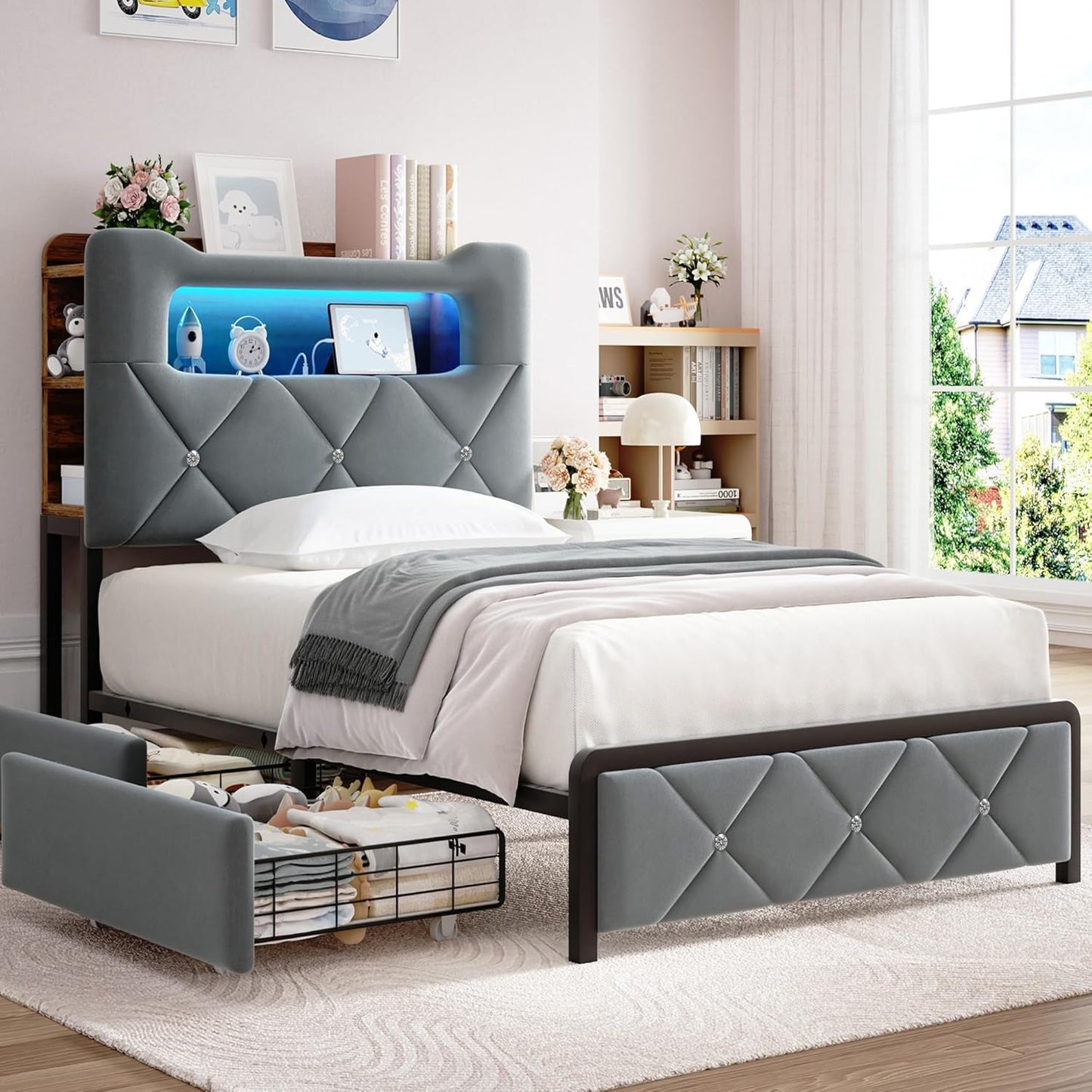 Twin Upholstered LED Bed Frame with 2 Storage Drawers and 2-Tier Storage Bookcase Headboard, Velvet Platform Bed for Kids/Girls/Boys, Corner Bed Frame, Heavy Duty Metal Support, Grey