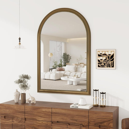 Axeman 32x48 Arched Wall Mirror, Decorative Bathroom Mirror, Traditional Vintage Wall Mounted Mirror with Beaded Frame for Accent Living Room Vanity Bedroom Entryway, Gold