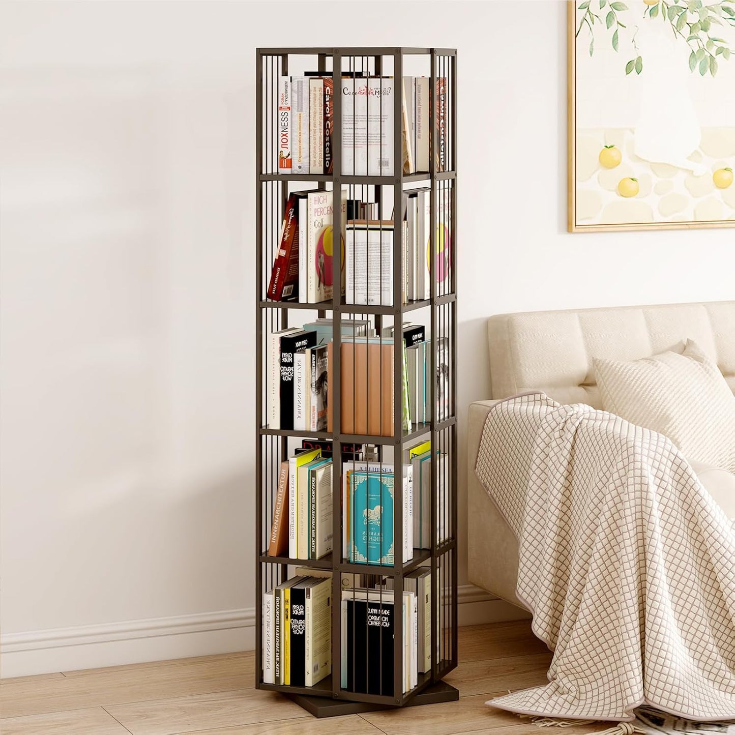Square Rotating Bookshelf Tower - 360 Spinning Display Corner Bookcase for Narrow Space, Modern 5-Tier Revolving Storage Shelf, Black