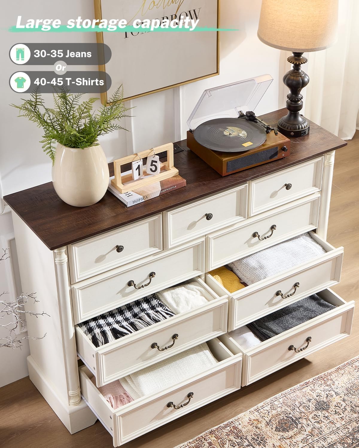 Farmhouse 9 Drawers Dresser for Bedroom with Charging Station, 54" Wide Wood Country Rustic Storage Dressers Organizer, Vintage Design Chest of Drawers TV Stand, Antique White