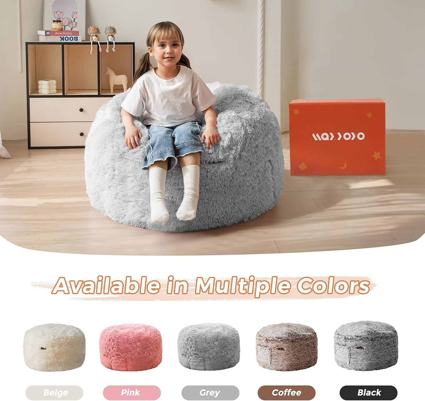 MAXYOYO Kids Bean Bag Chair, Stuffed Faux Fur Bean Bag for Toddler, Ultra Soft Floor Sofa with High-Density Foam Filling, Lazy Chair for Living Room, Playroom, Nursery Room