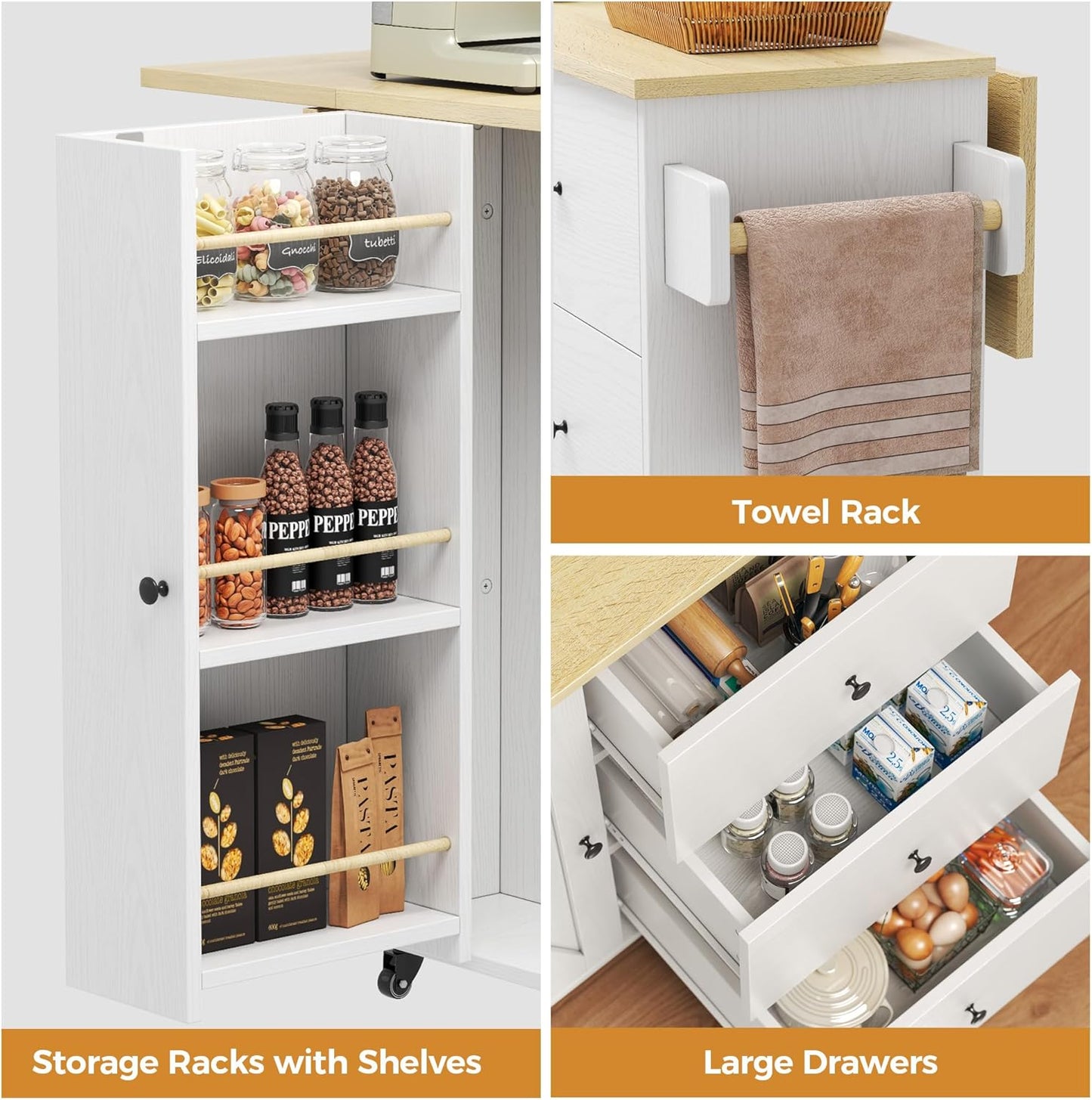 IRONCK Kitchen Island with Storage, 47.2in Rolling Island on Wheels, Kitchen Cart with Drop Leaf, 3 Spacious Drawers, Storage Cabinets and Towel Rack for Home, Dining Room