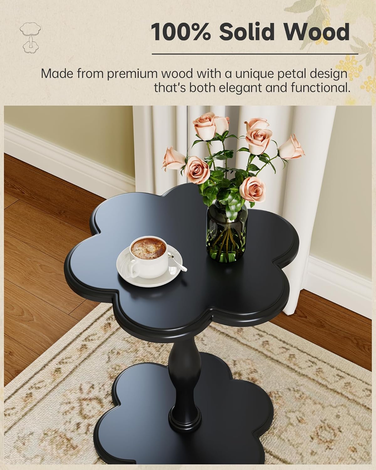 Accent Solid Wood End Table for Living Room, Small Bedside Tables Nightstand for Bedroom, Unique Pedestal Side Table, Round Wooden Tables for Drinks, Plants & Home Decor (Black)