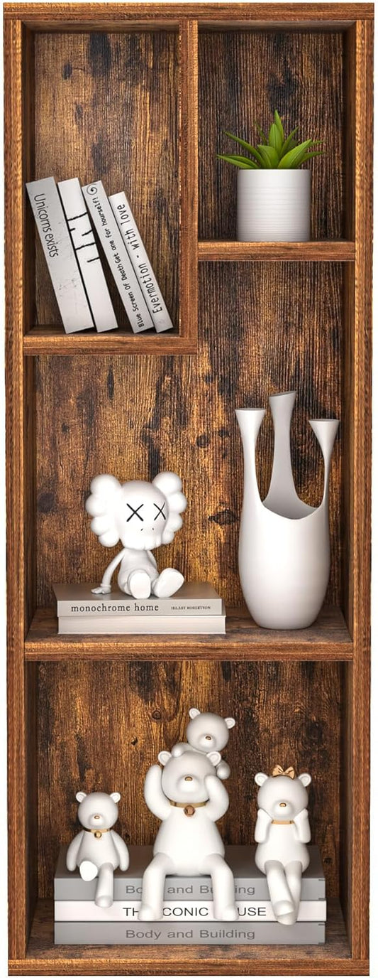 VECELO Small Bookshelf, 4 Cube Slim Bookcase, Fits Tallest Hardcovers, Horizontal Available, Modern Floor Standing Unit, Each Shelf Hold Up to 66 LBS, Vintage Brown