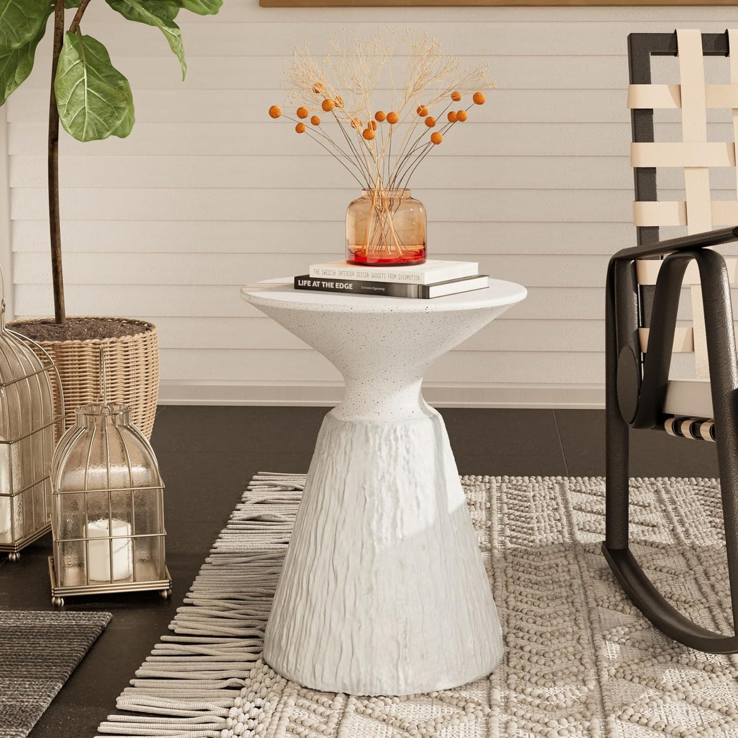 COSIEST Outdoor Side Table, Mushroom Shaped MgO Accent Table, Lightweight Patio End Table w Round Base, Top Plant Stand for Garden and Deck, Spotted White