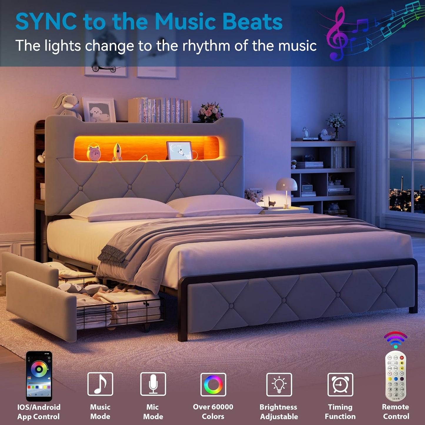 Full Upholstered LED Bed Frame with 2 Storage Drawers and 2-Tier Storage Headboard, Velvet Platform Bed with Charging Station & Bookcase, Heavy Duty Metal Support, No Box Spring Needed, Grey