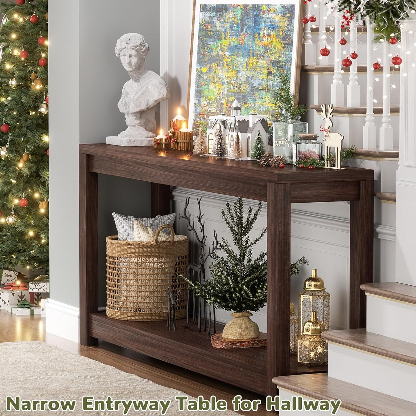 47" Farmhouse Wood Entryway Table Narrow Console Table with Storage Behind Couch Sofa Table with Shelves Entry Way Tables with Open Storage, Easy Assembly, Black Walnut
