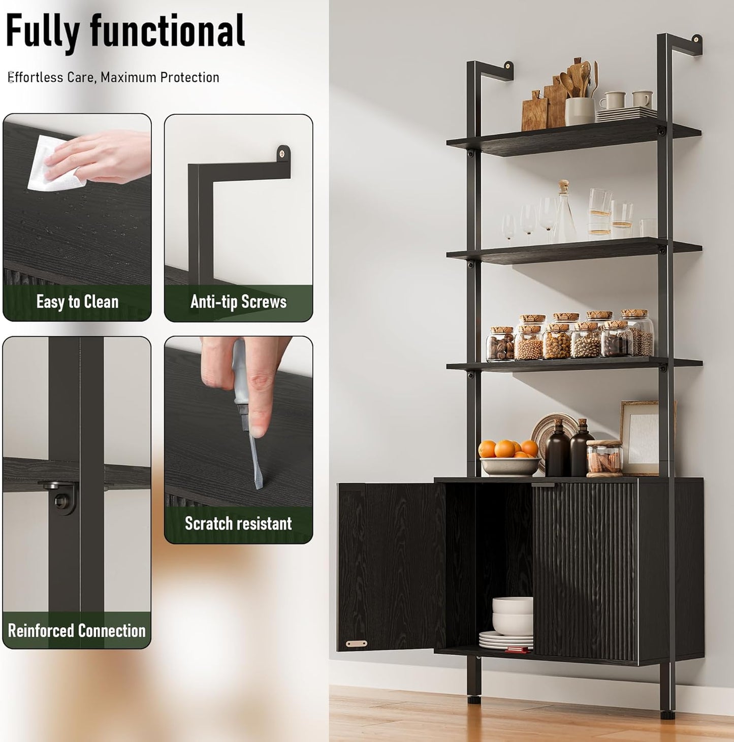 74" Tall Bookshelf with Storage Cabinet, Modern Ladder Shelf with Wood and Metal Frame, Wall Mount Bookcase Open Display Shelf Furniture for Living Room, Bedroom, Home Office，Black