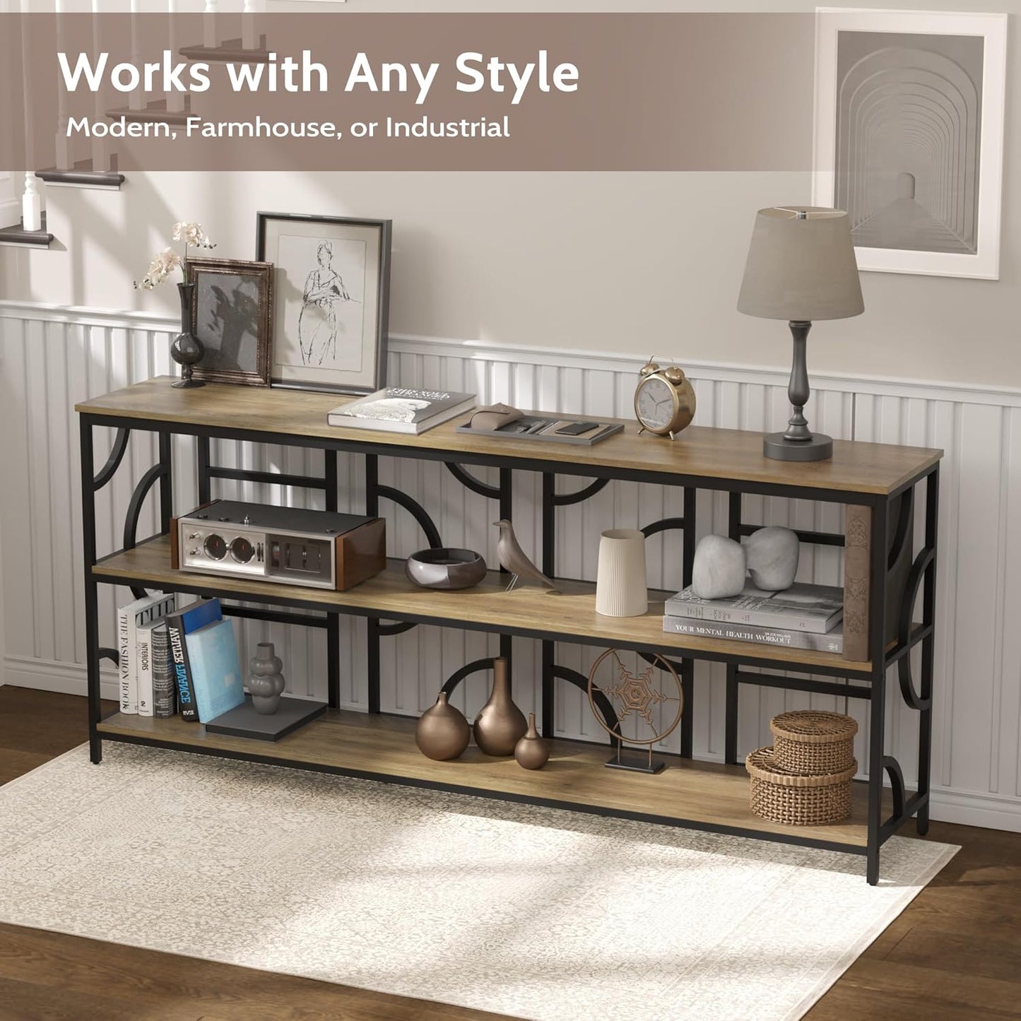 70.9-Inch Industrial Sofa Table, Extra Long Console Table Behind Couch with 3-Tier Storage Shelves, Rustic Brown Finish for Entryway, Living Room, Foyer, Hallway, and Office