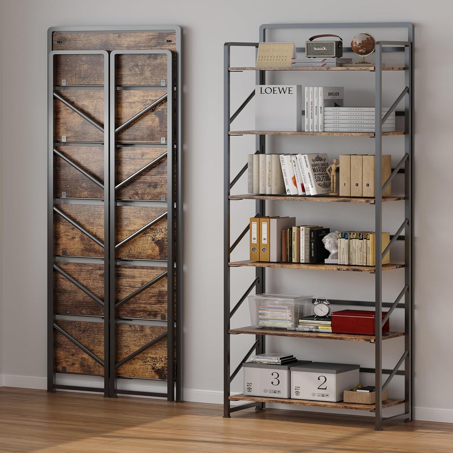 JSB No Assembly Folding Bookshelf, 6 Tier Industrial Metal Book Shelf for Storage, Vintage Wood Foldable Bookcase for Living Room, Bedroom, Office Organization Shelves