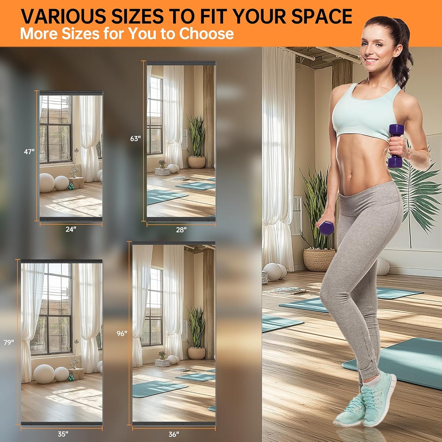 Hasipu 48''x30'' Home Gym Mirror Large Full Length Wall Mounted Full Body Mirror for Yoga Dance Fitness Exercise Studio Bedroom Garage, Frameless Tempered Glass Workout Mirrors Black Rectangular