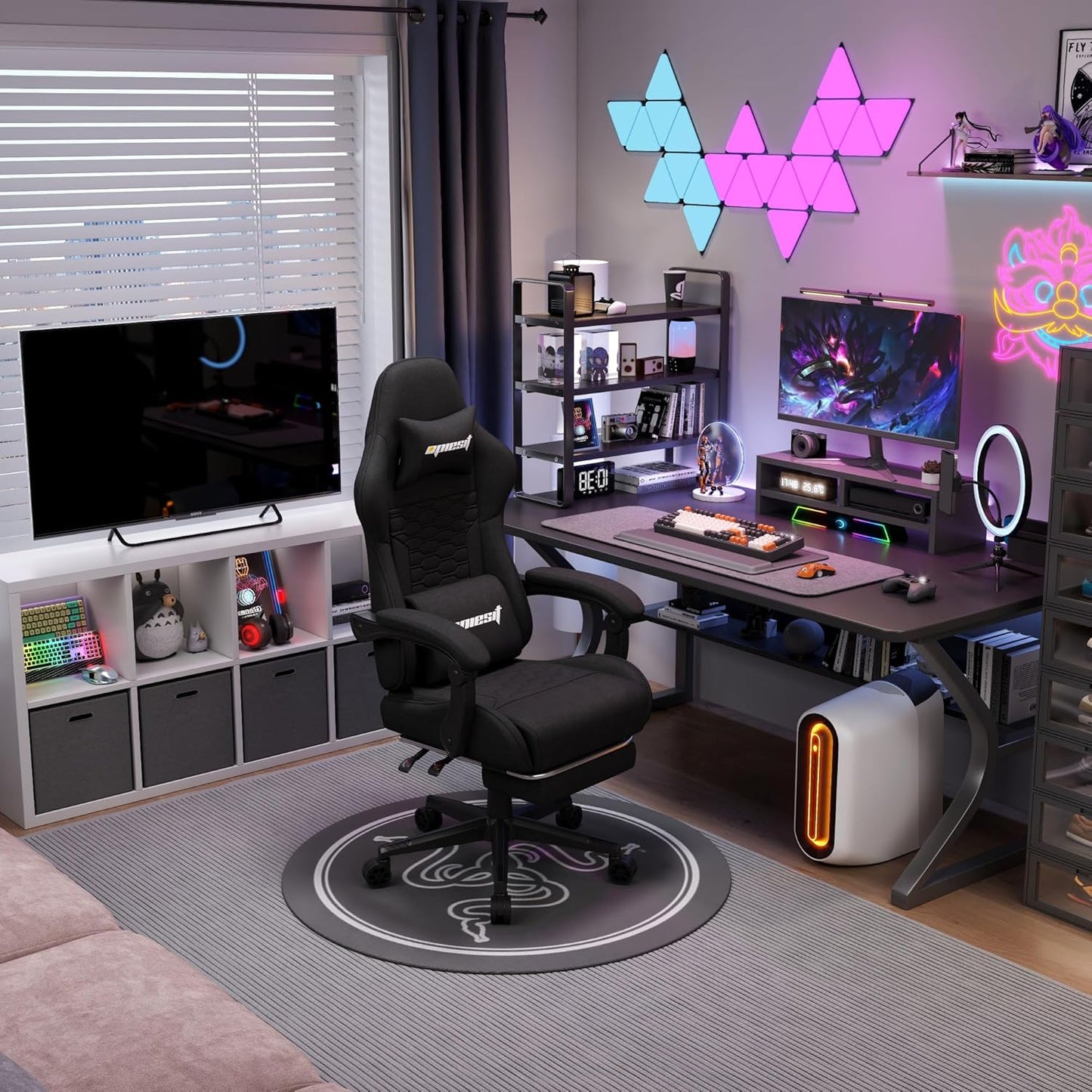 Gaming Chair, Computer Chairs for Adults with Lumbar Support and Massager, Comfortable Gamer Chair with Footrest & Pocket Spring Cushion, Ergonomic Home Office Chair, Black, Fabric