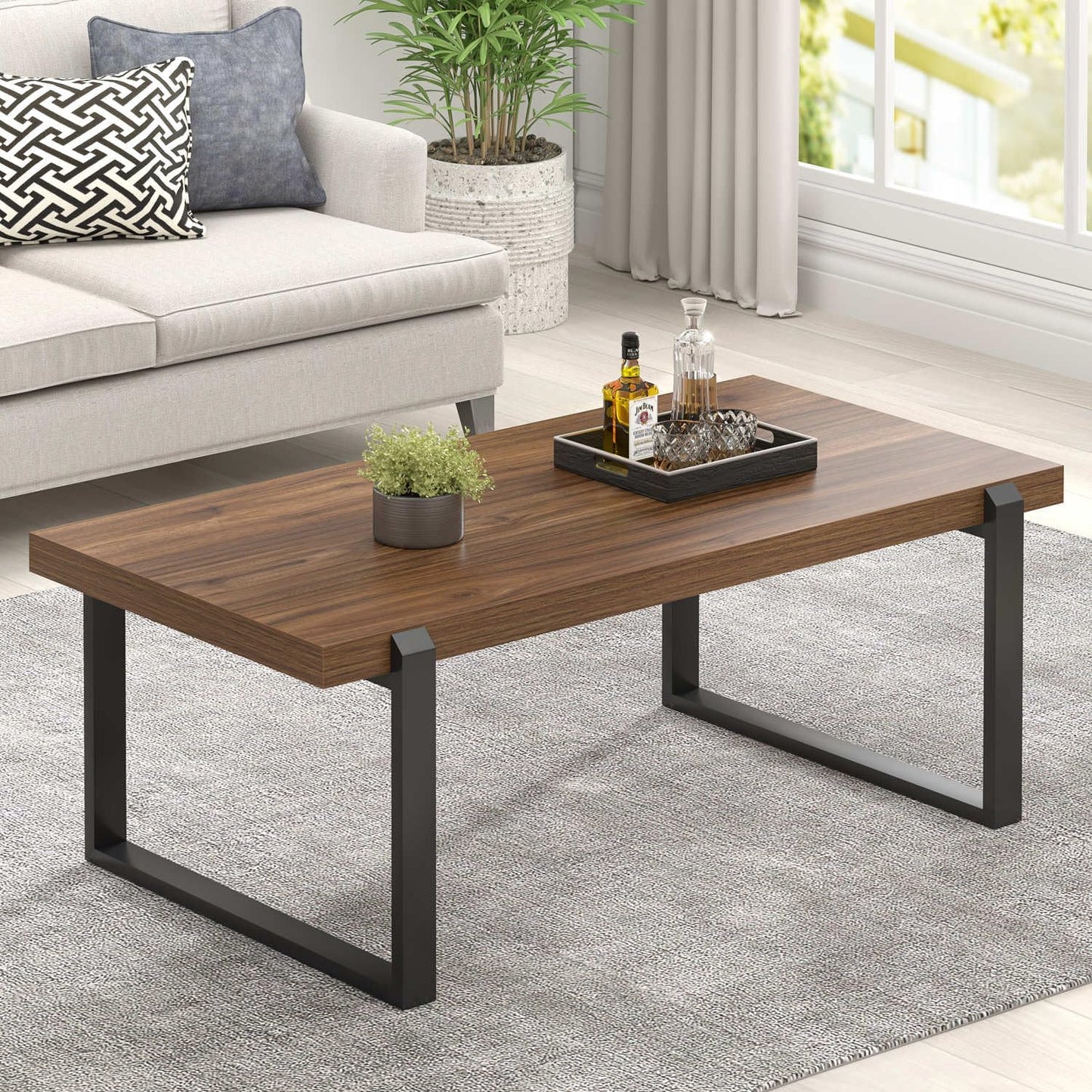 FOLUBAN Modern Coffee Table, Rustic Wood and Metal Center Table, Industrial Rectangle Cocktail Tea Table for Living Room, Walnut, 44 Inch