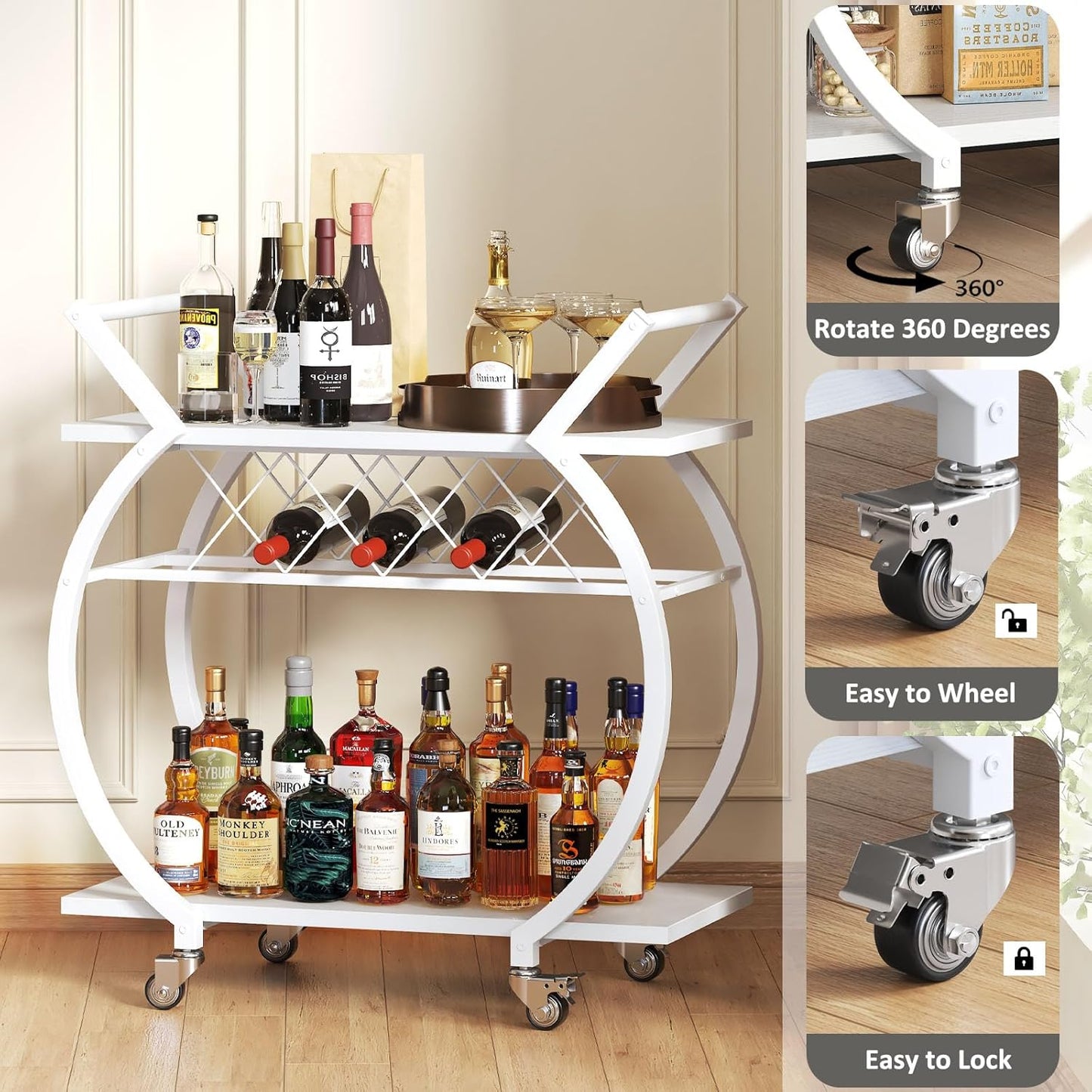 LVB White Bar Cart, Modern Rolling Serving Wine Cart with Storage, Industrial Wood Metal Kicthen Island Beverage Cart with Wheels, Microwave Drink Liquor Cart Table for Home Dining Living, White Oak