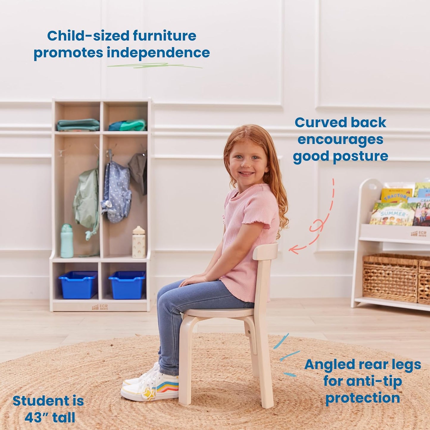 ECR4Kids Bentwood Round Table and Curved Back Chair Set, Kids Furniture, White Wash, 5-Piece